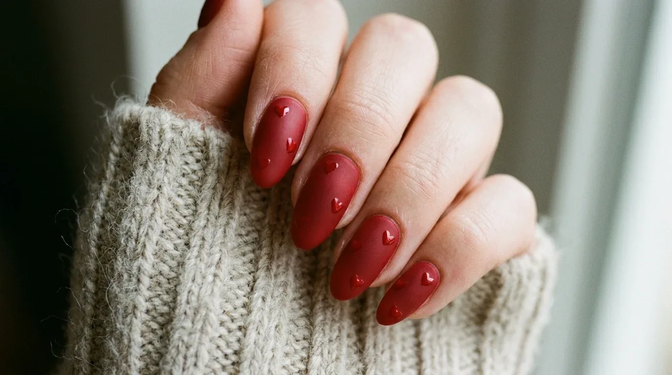 Matte red Valentine's nails with glossy red heart details in a subtle monochromatic design.
