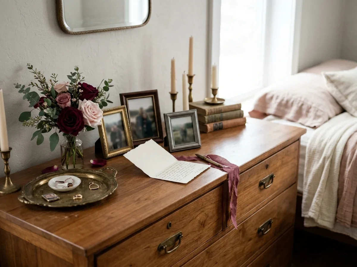 Personalized Valentine's Day bedroom display with framed photos, a greeting card, roses, and a decorative tray.