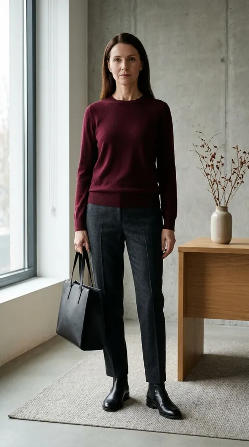 Burgundy sweater and charcoal tailored trousers styled with black ankle boots for winter work.