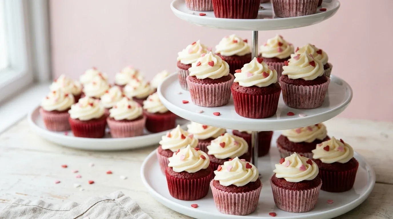 Mini red velvet cupcakes topped with cream cheese frosting and festive heart sprinkles.