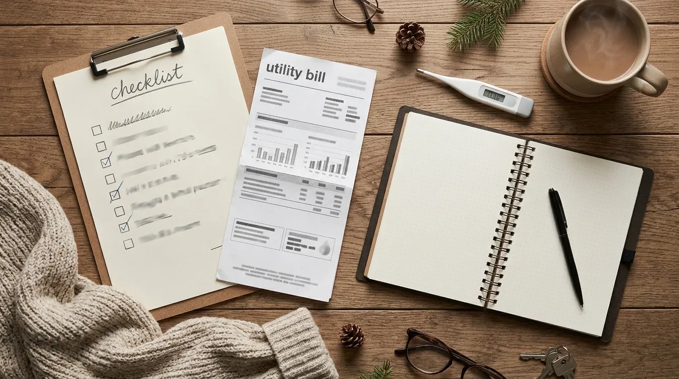 A winter energy checklist and indoor thermometer help track practical home efficiency improvements.