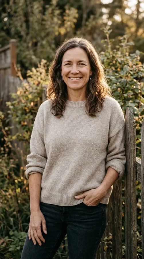 Confident woman with a relaxed smile in soft afternoon light, capturing an authentic portrait.