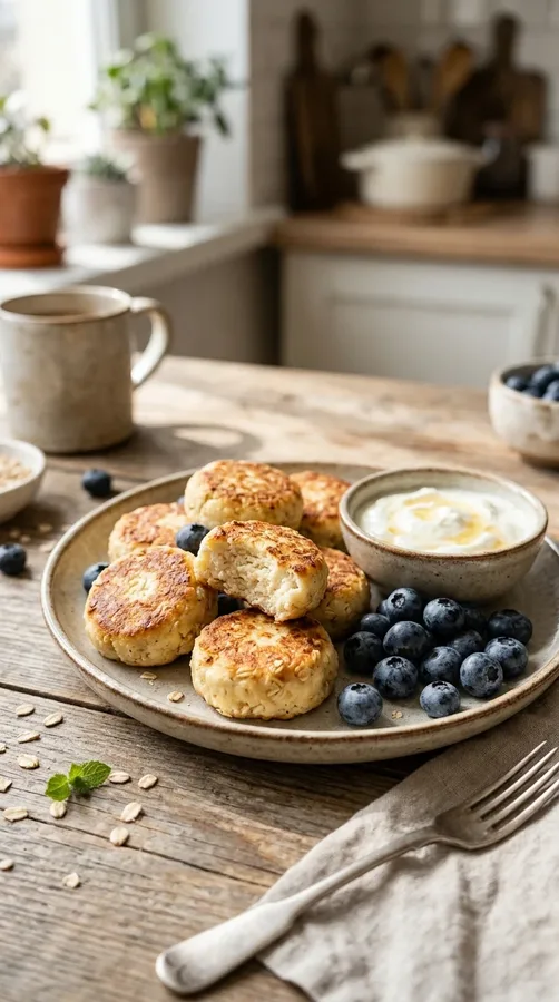Golden cottage cheese pancake bites served with yogurt and fresh blueberries.