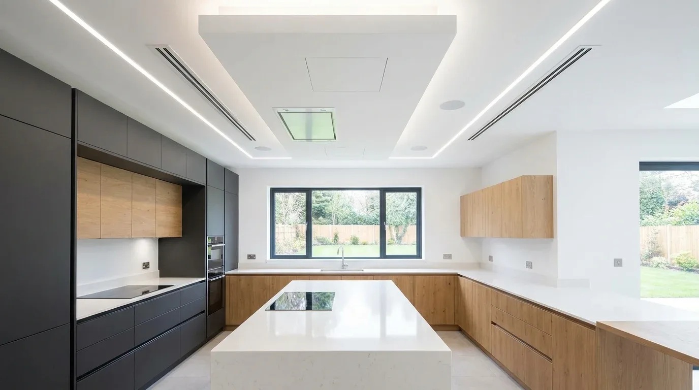 Black-and-white false ceiling design in a contemporary kitchen