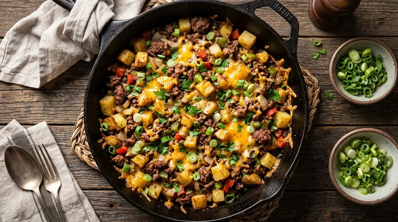 Ground beef and potato skillet with golden potatoes, peppers, onions, and melted cheddar cheese.