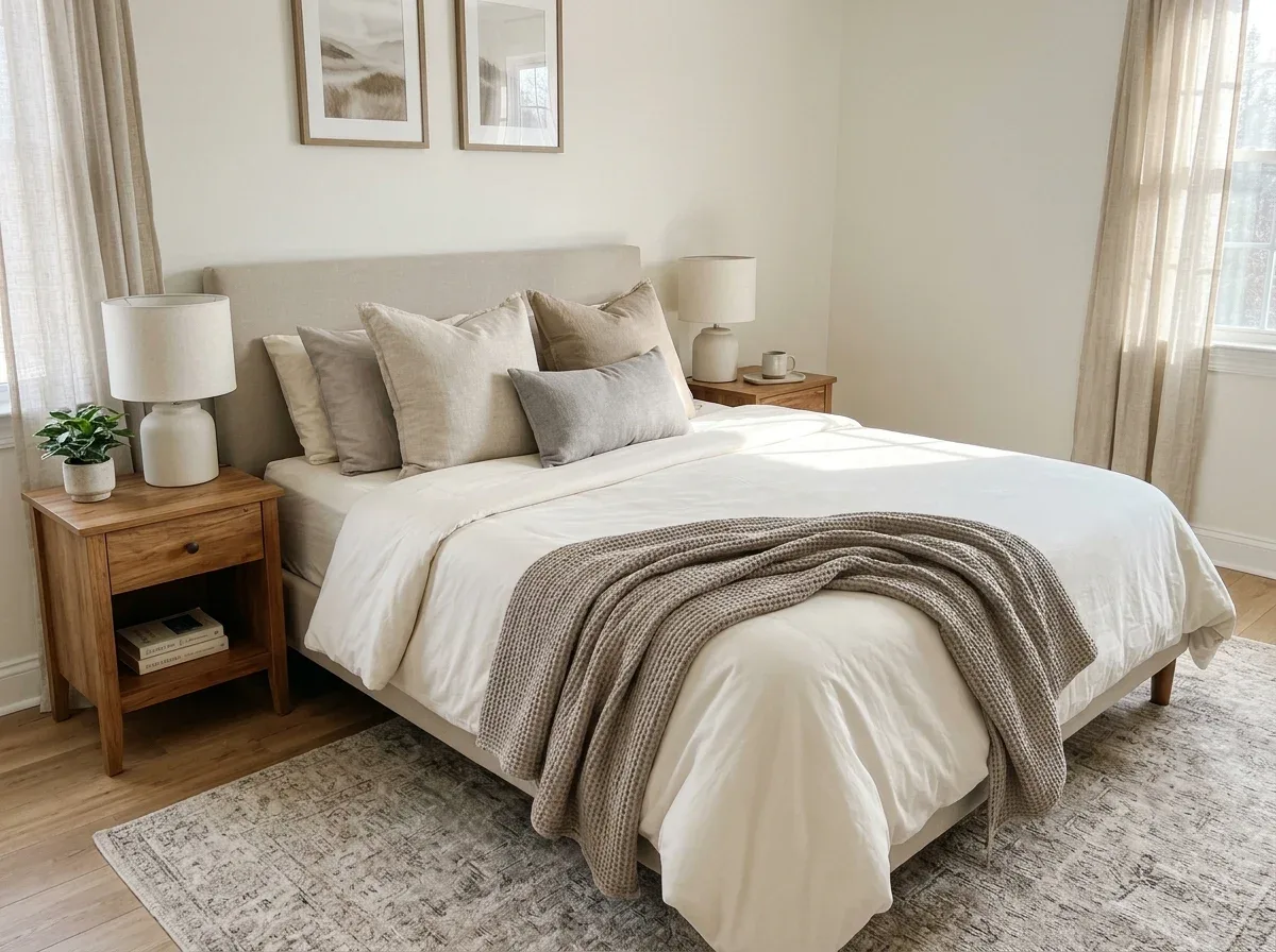 A neatly made bedroom with coordinated ivory bedding and simple layered textiles.