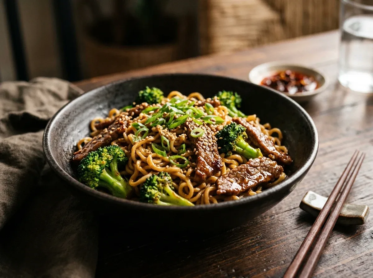 Beef and broccoli noodles coated in a savory garlic ginger sauce and sprinkled with sesame seeds.