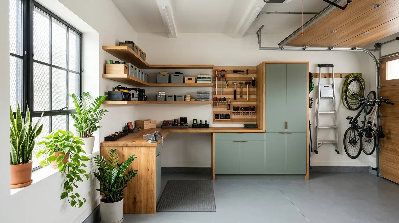 Warm garage interior featuring natural wood accents, organized cabinets, and greenery near a window.