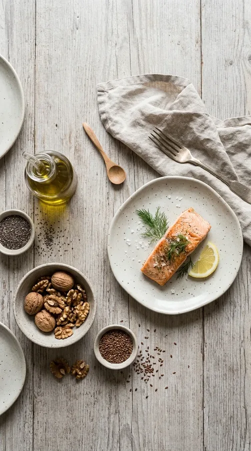Walnuts, seeds, olive oil, and salmon as sources of healthy fats in a balanced diet.