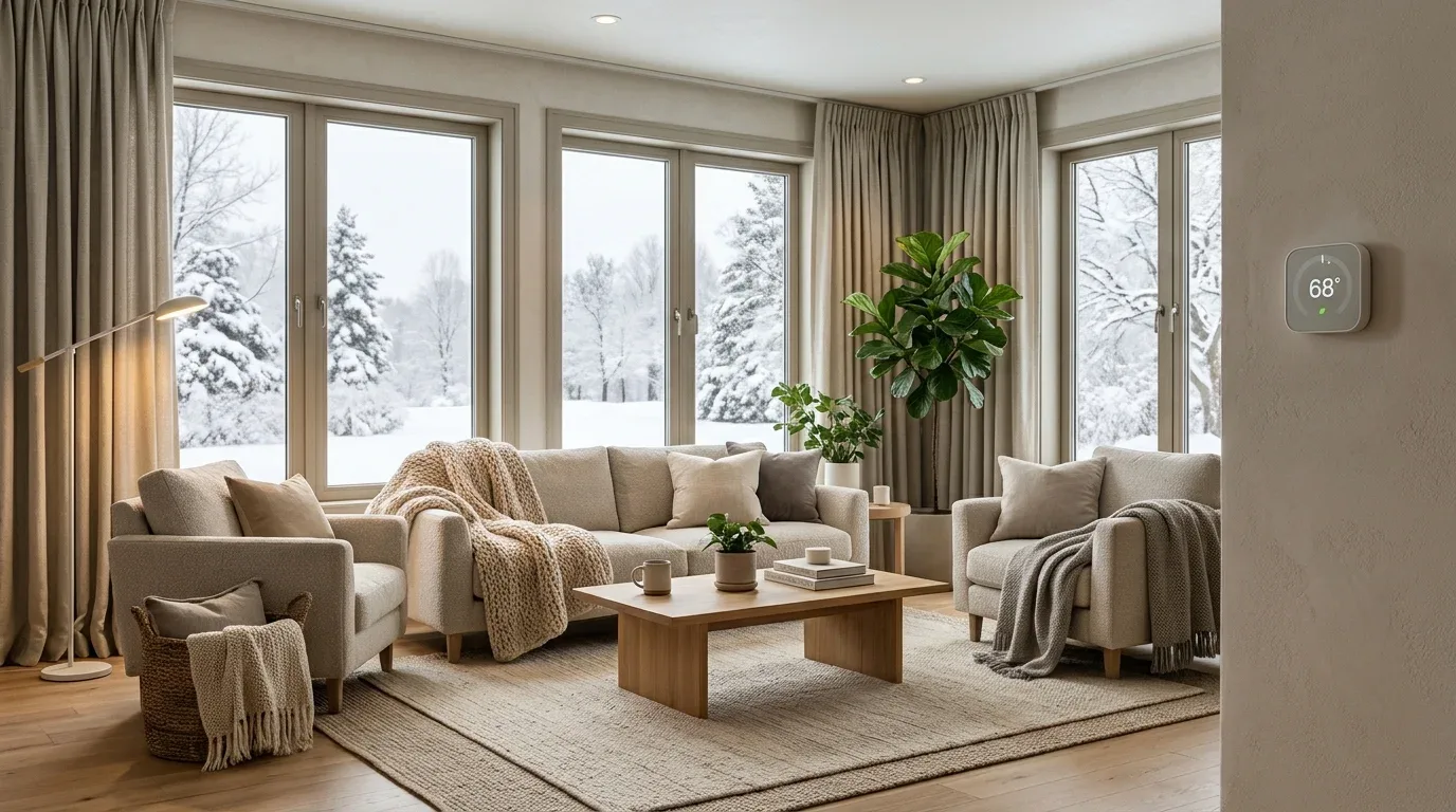 Energy-efficient winter living room with insulated windows, LED lighting, and comfortable furnishings