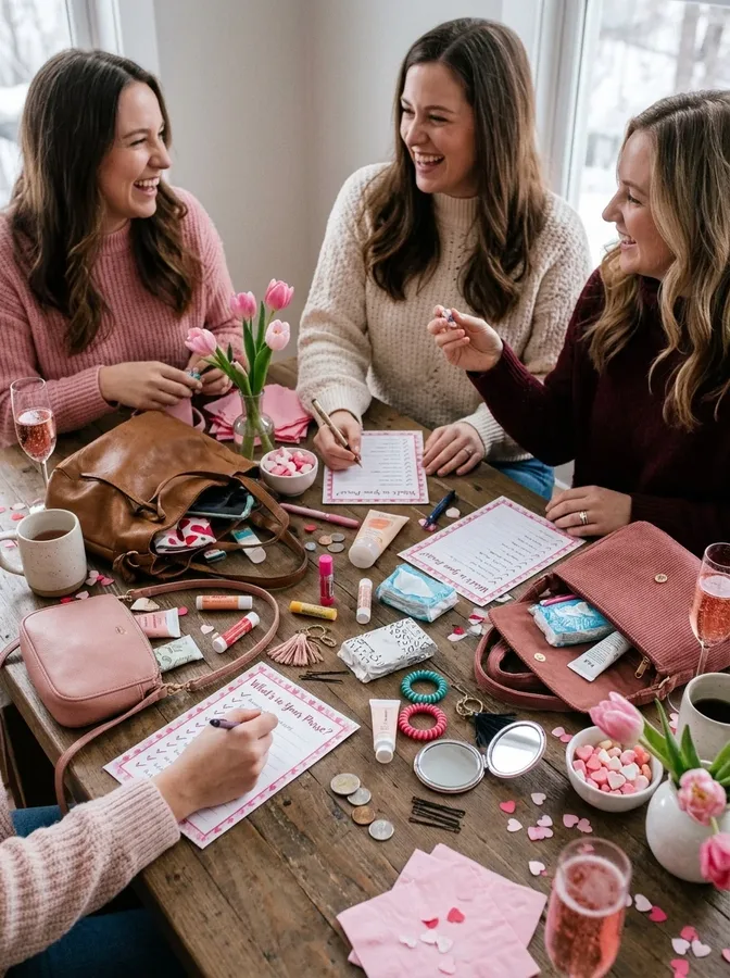 Everyday handbag essentials arranged for a What's in Your Purse party game.