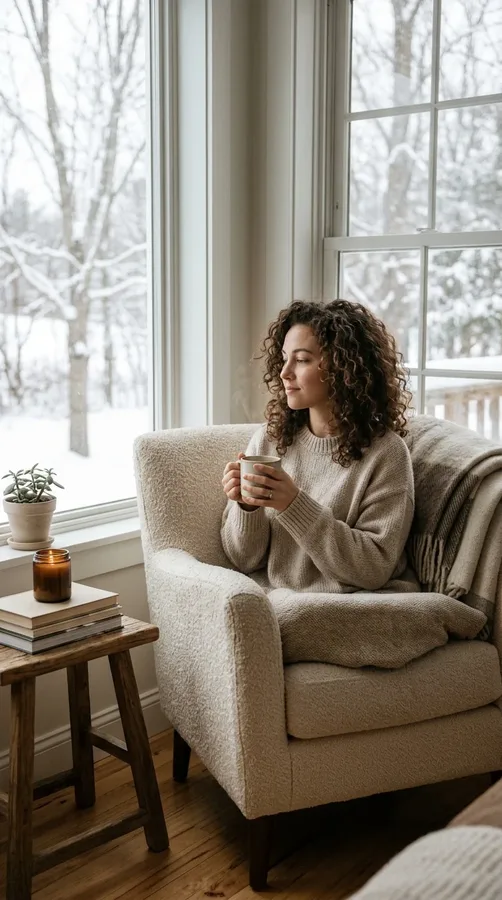 Woman enjoying a calming winter self-care moment to support rest and stress management.