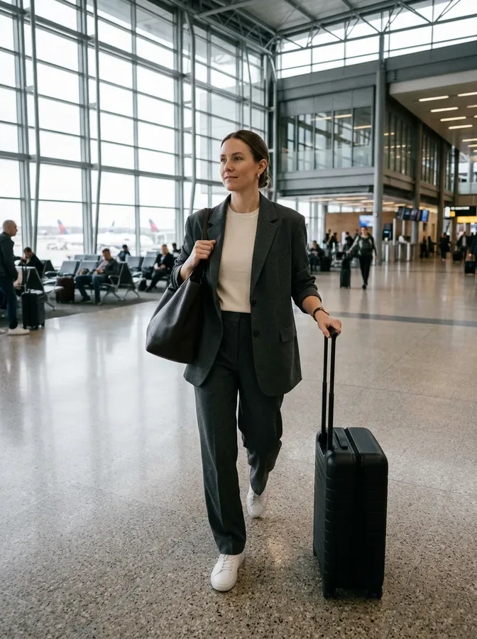 Oversized charcoal blazer and tailored trousers create an elegant smart-casual winter airport outfit.