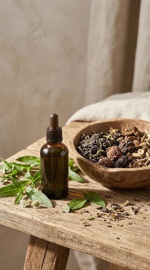 Herbal bhringraj oil with botanical leaves for a traditional Ayurvedic hair care ritual