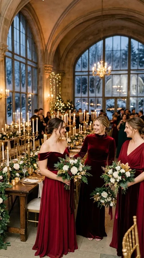Cranberry red bridesmaid dresses with ivory roses and evergreen seasonal details.