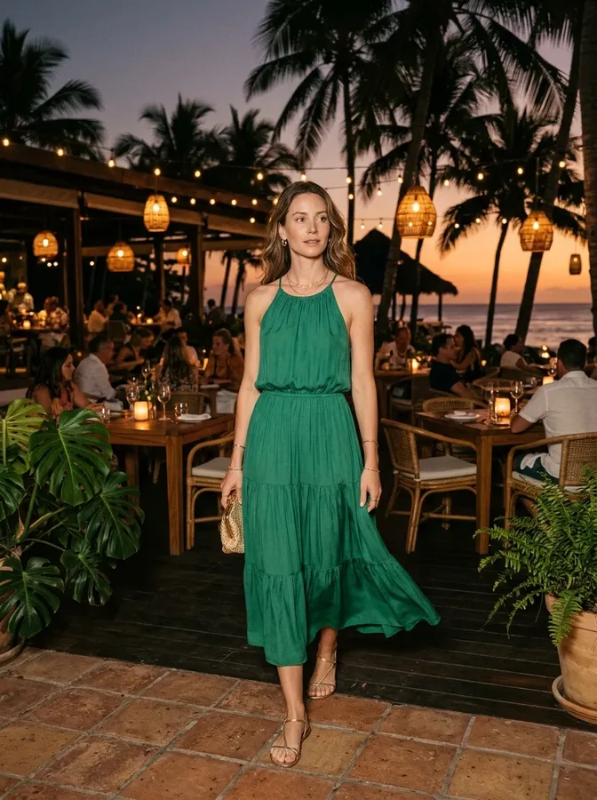 Emerald-green resort evening dress with metallic sandals for a tropical dinner.