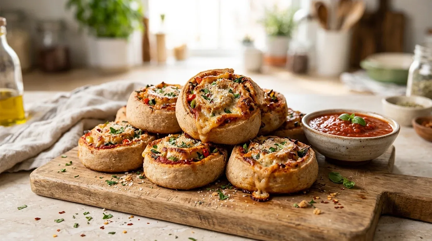 Whole-wheat pizza pinwheels with melted cheese, tomato sauce, and vegetables.