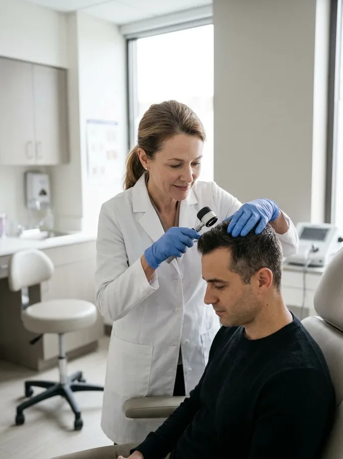 Dermatologist assessing hair thinning and discussing appropriate treatment options.
