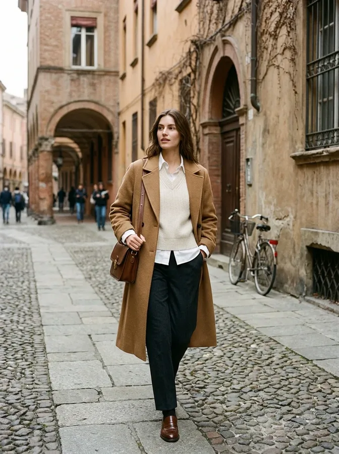 Cream sweater vest layered over a white shirt with tailored trousers for a classic Italian winter outfit.