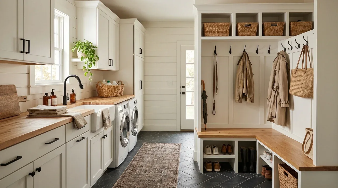 Combined farmhouse laundry room and mudroom with a wood bench, wall hooks, shoe storage, and appliances.