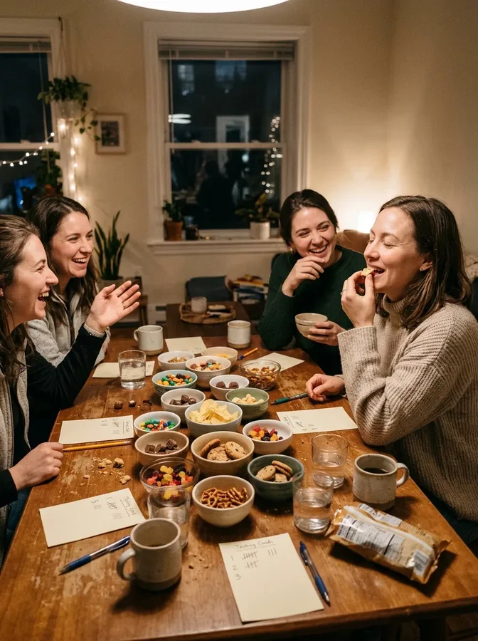 Friends playing a blind snack-tasting game with assorted chocolates, cookies, and treats.
