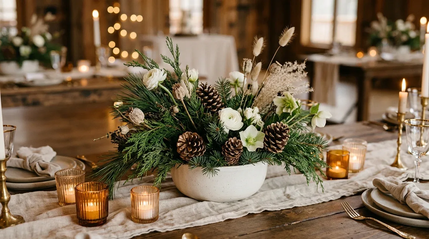 Natural winter wedding centerpiece with pinecones, evergreen sprigs, and white flowers.