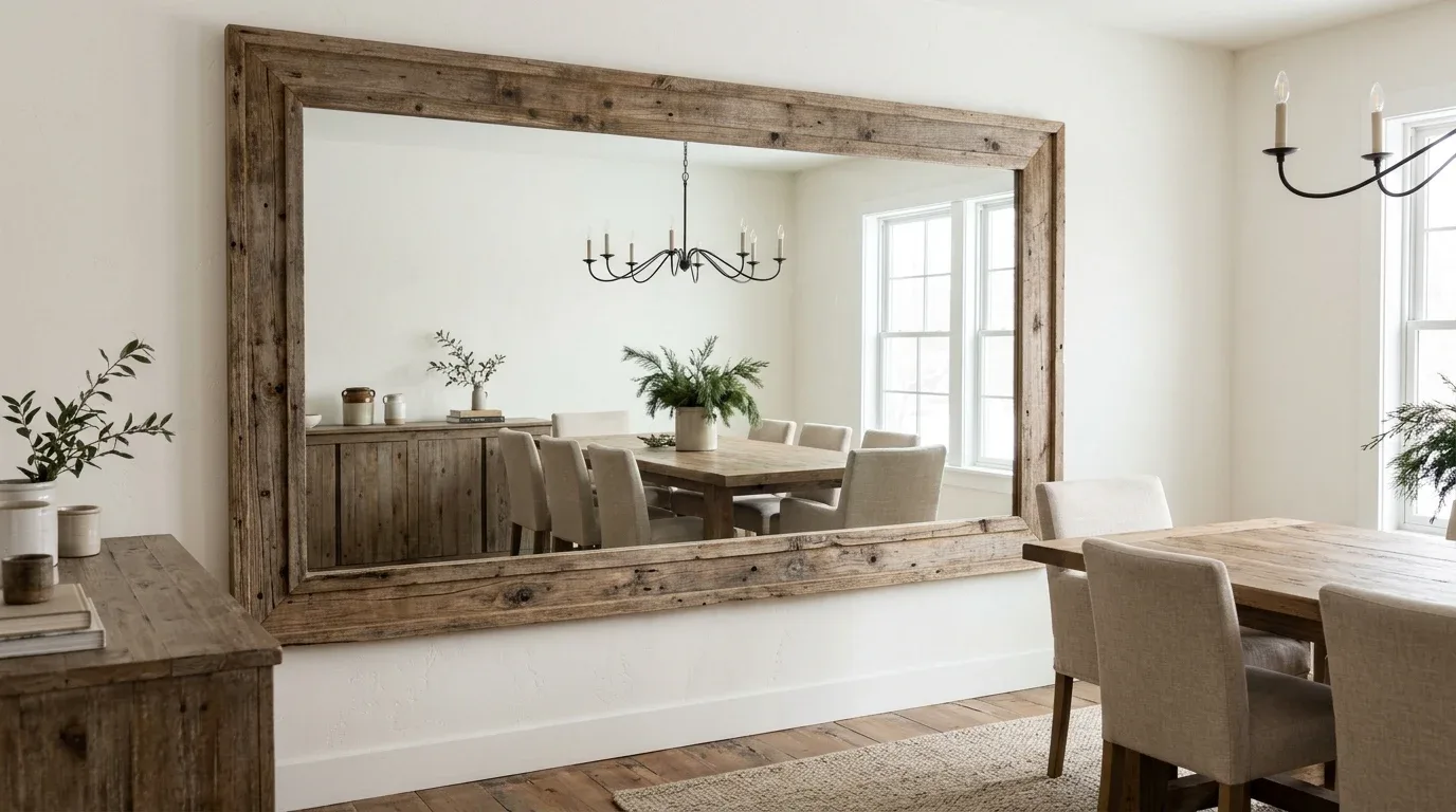 Farmhouse dining room with an oversized weathered wood mirror reflecting soft natural light.