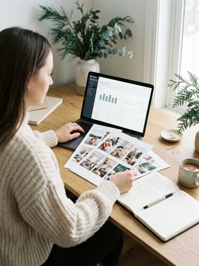 Reviewing Pinterest monthly performance with pin samples, a laptop chart, and a planning notebook