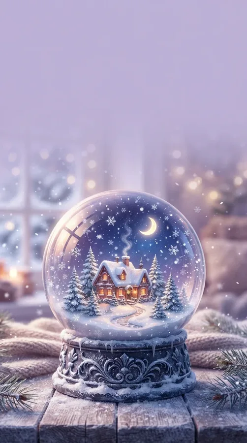 Glass snow globe with a tiny snowy cottage and pine trees against a soft lavender background.