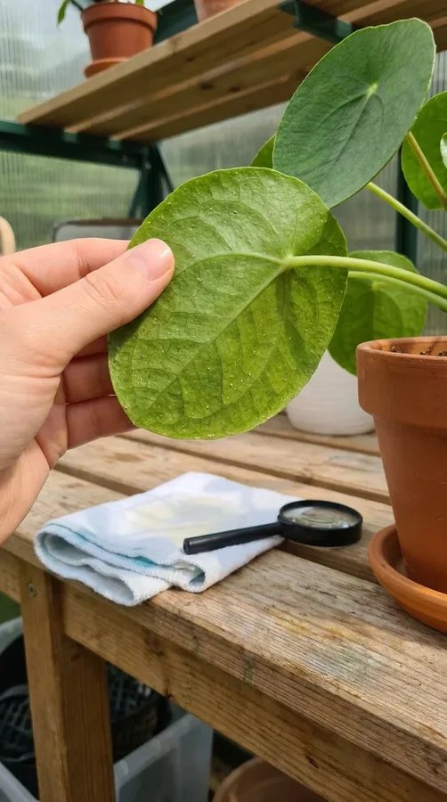 Young propagated Chinese money plant establishing in a small pot.