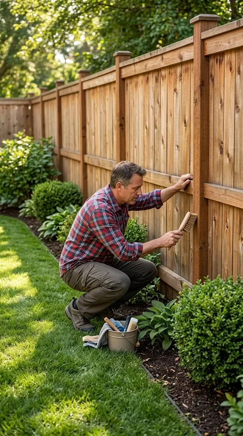 Maintaining a clean wooden fence with regular inspections and a tidy surrounding garden.