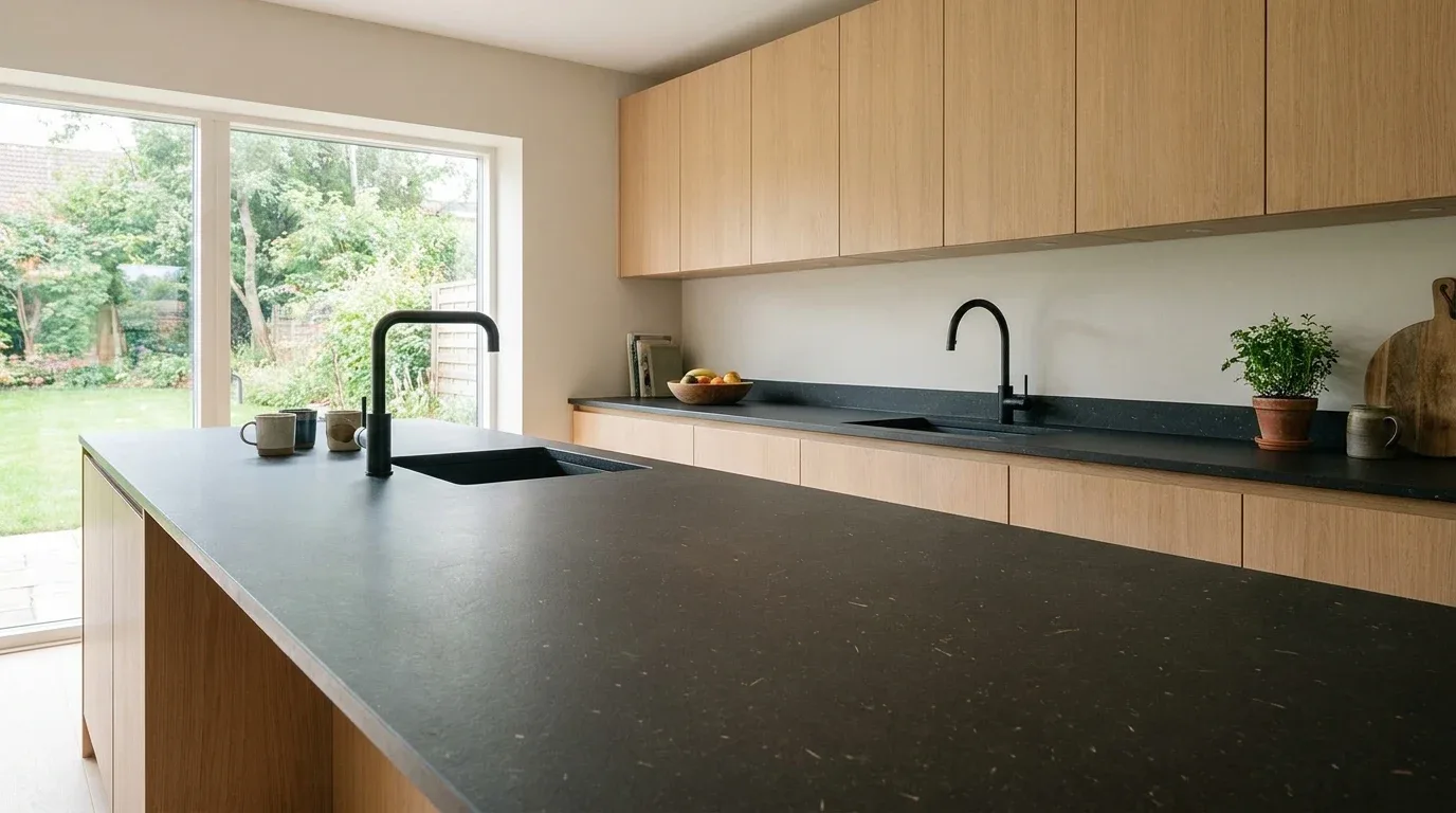 Matte charcoal recycled paper composite countertop in a minimalist sustainable kitchen.