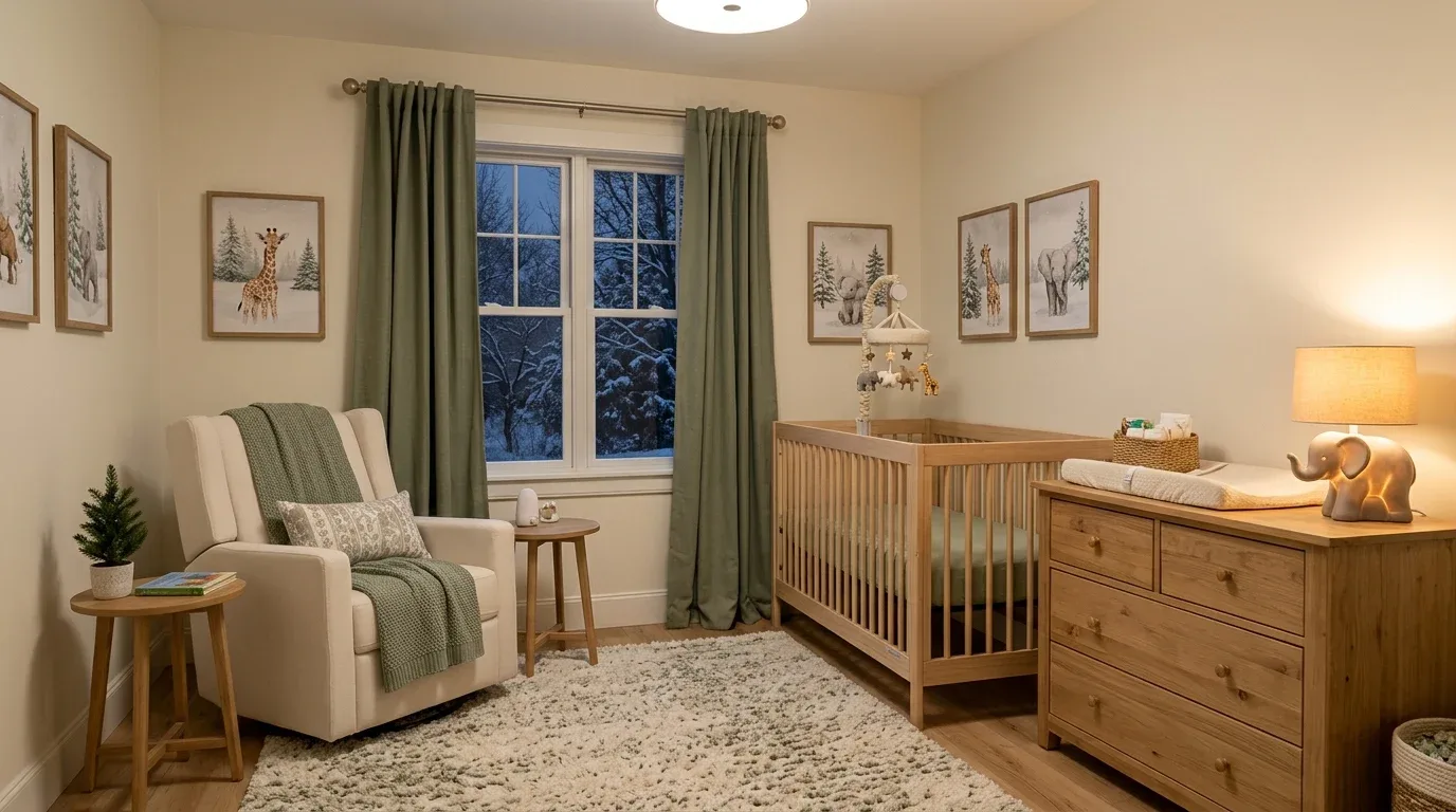Warm gentle lighting and an elephant-shaped lamp in a cozy winter safari nursery.