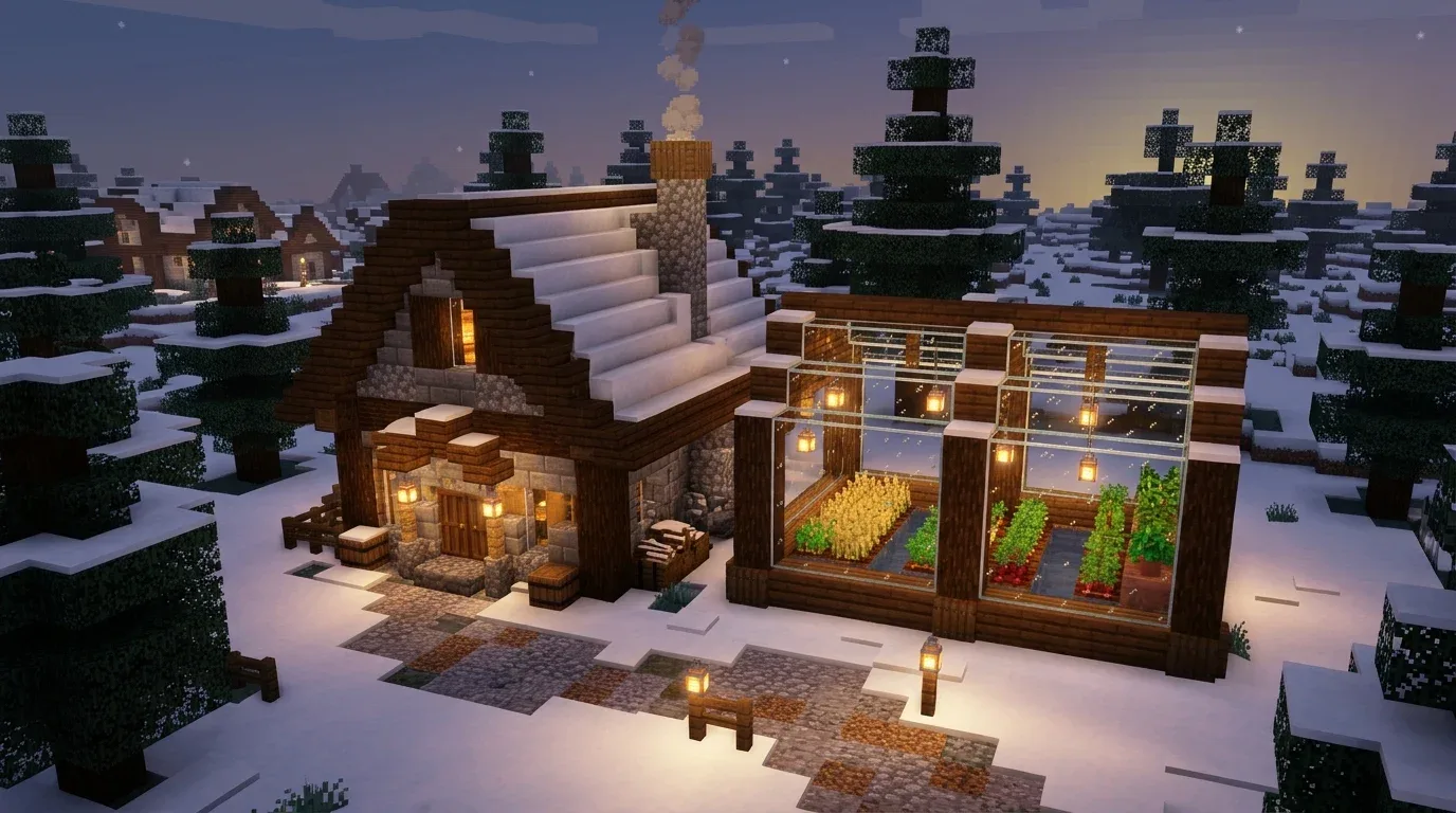 Japanese-inspired Minecraft winter retreat with layered dark roofs, pale walls, a stone garden path, and snowy trees.