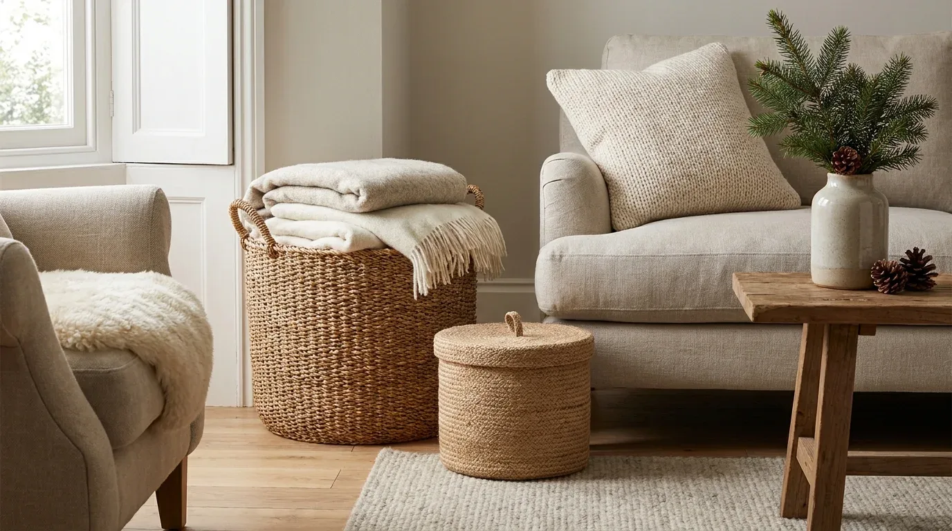Woven baskets filled with cozy blankets and seasonal accessories in a warm winter living room.