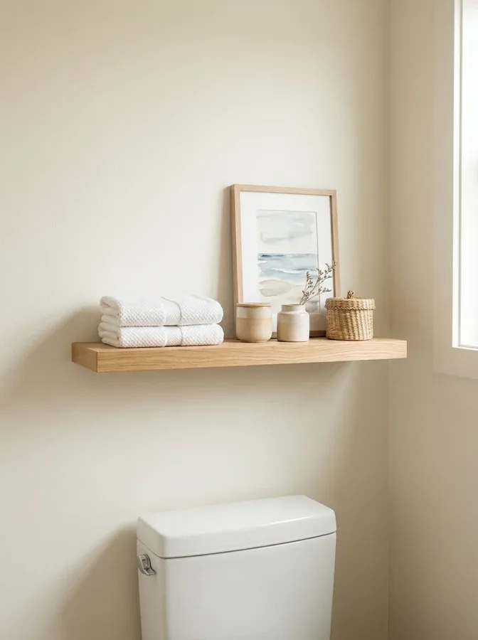 Minimalist coastal bathroom shelf styled with white towels, ceramic jars, and woven accessories.