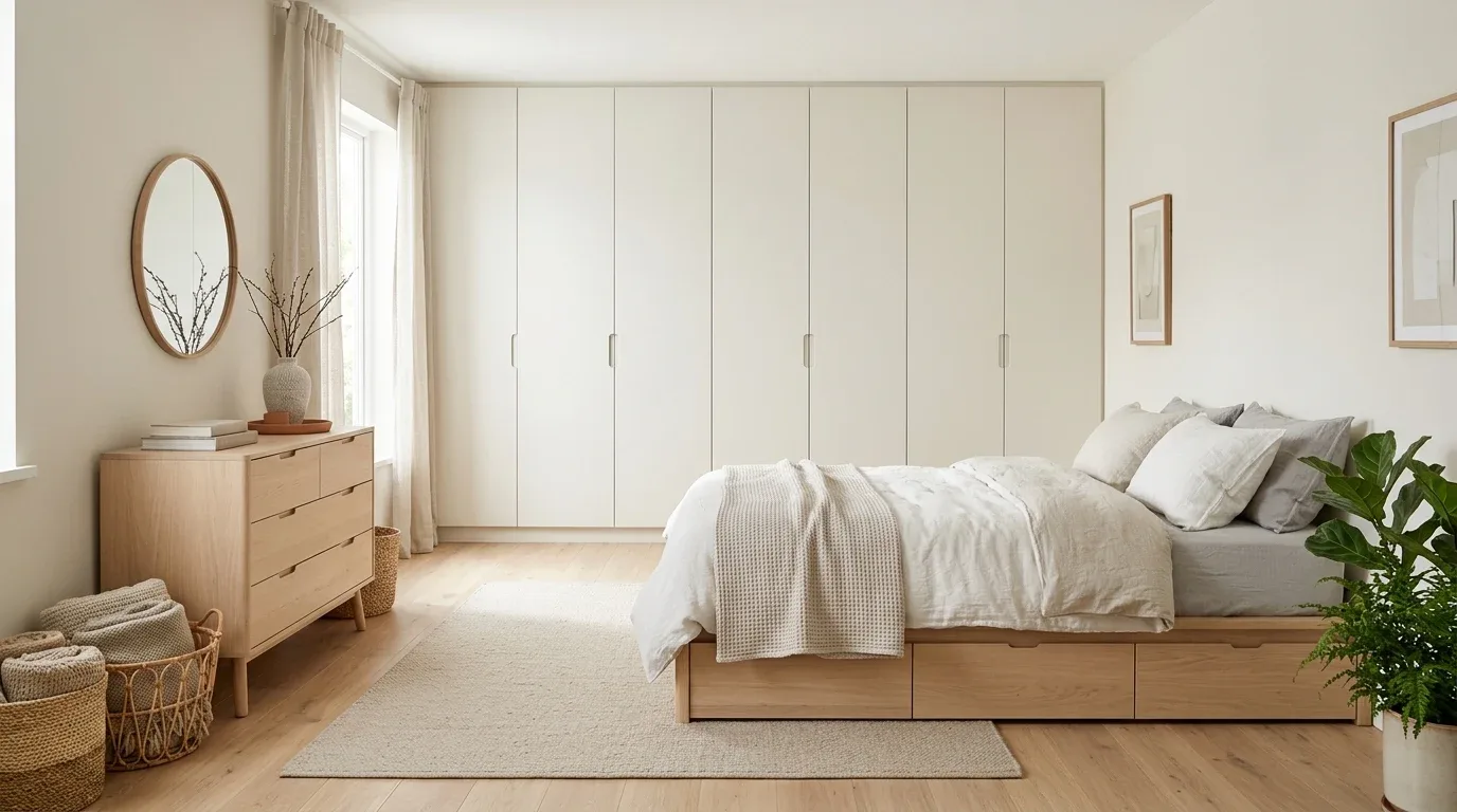 Clutter-free Scandinavian bedroom with hidden storage, wooden furniture, and woven baskets.