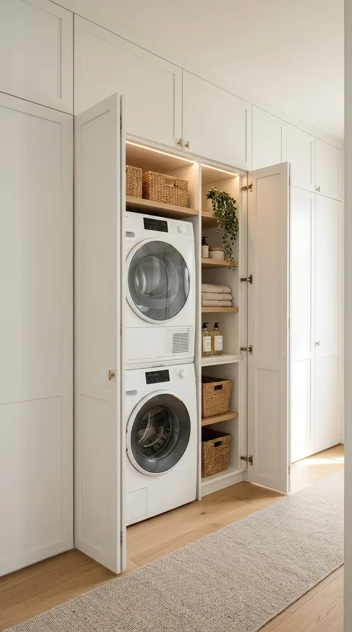 Hidden stacked laundry room concealed behind elegant custom built-in cabinet doors.
