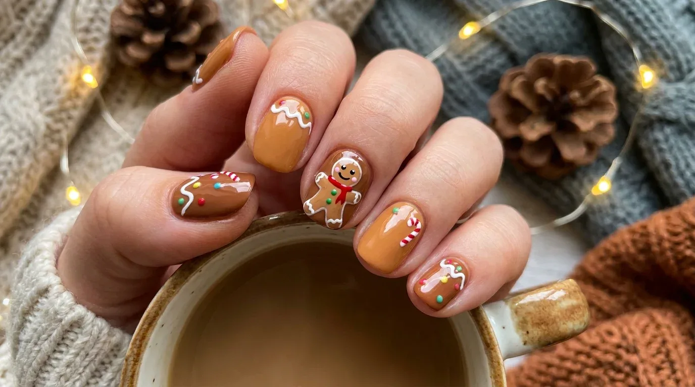 Caramel and gingerbread brown winter nails with a cute decorated gingerbread character.