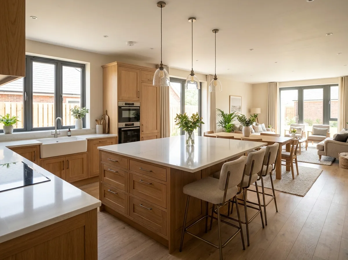 Open kitchen with a decorative blue-and-ivory backsplash, white cabinetry, and pale countertops.