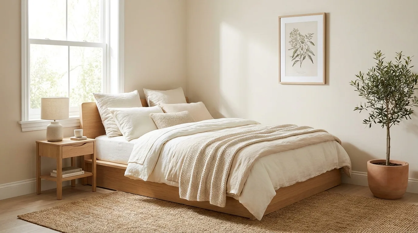 Cozy small bedroom with warm bedside lighting and subtle decorative string lights.