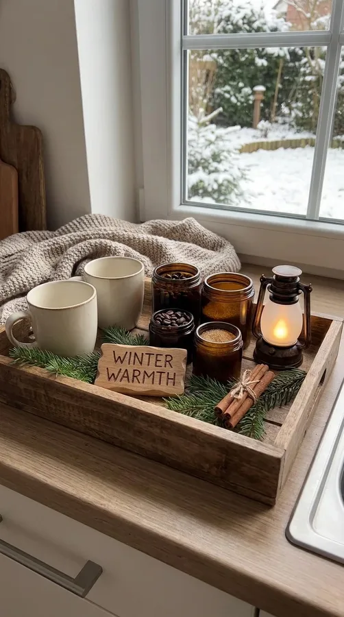Cozy winter coffee tray with amber jars, cinnamon sticks, greenery, and a glowing LED lantern.