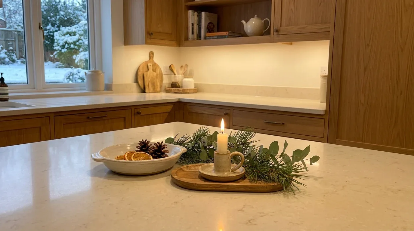 Ivory candle and evergreen sprigs arranged on a tray for cozy winter kitchen decor