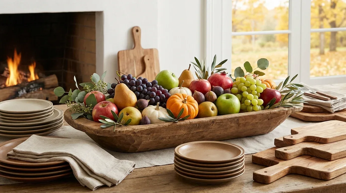 Edible Thanksgiving centerpiece with apples, pears, grapes, mini pumpkins, and rustic wooden accents.