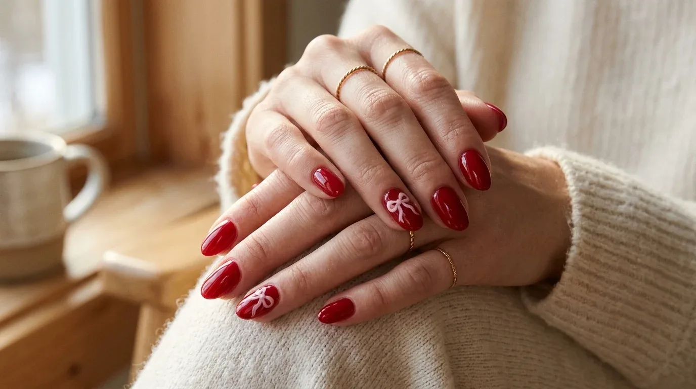 Modern Valentine's nails with flowing cherry-red swirls over a milky nude base.