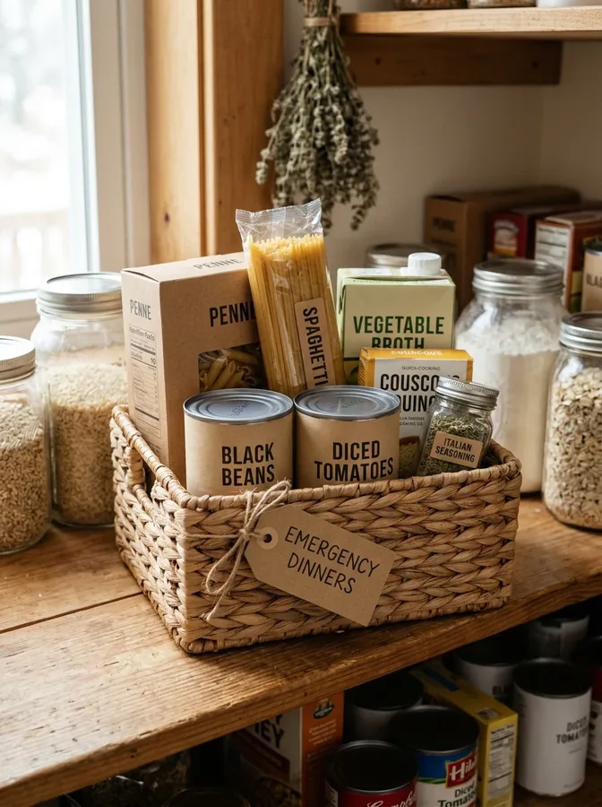 An emergency dinner basket combines shelf-stable staples for quick winter meals.