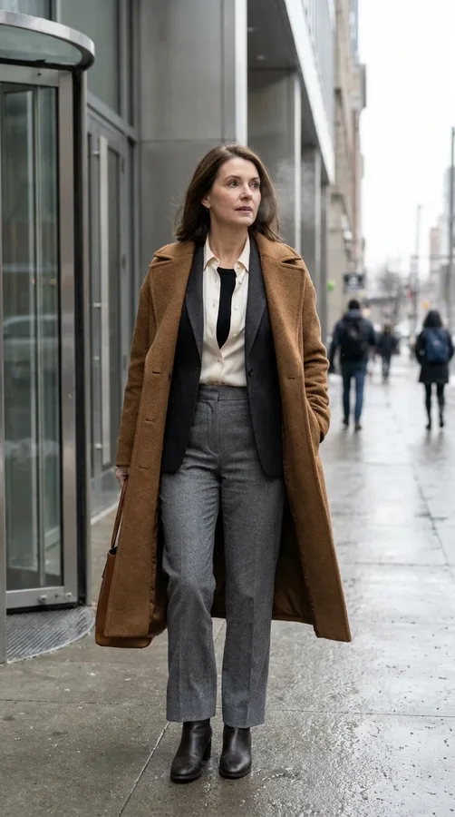 Layered thermal top, cream blouse, tailored blazer, wool trousers, and coat for a cold winter commute.