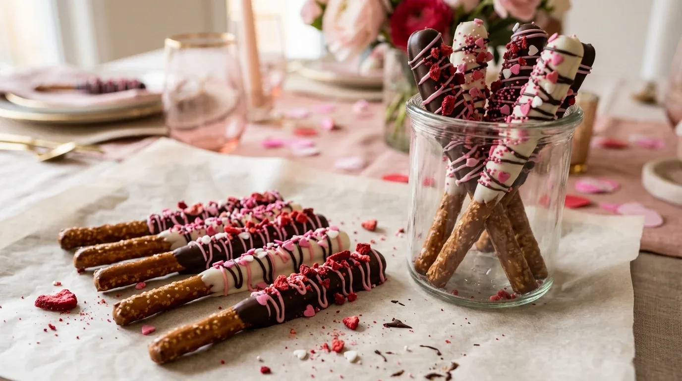 Chocolate-dipped pretzel rods decorated with pink sprinkles and contrasting chocolate drizzle.