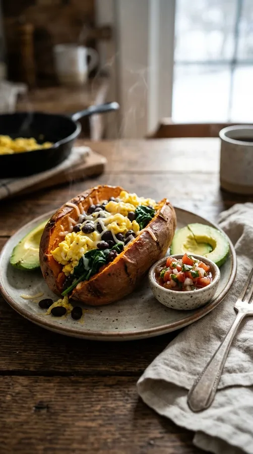 Savory stuffed sweet potato with scrambled eggs, black beans, spinach, and cheese.