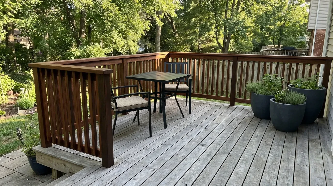Narrow backyard deck along a house with compact furniture